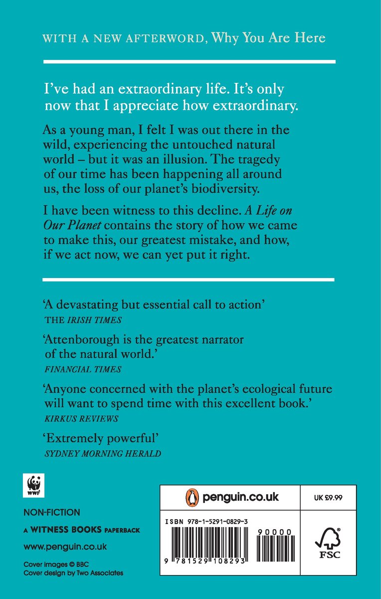 Achterkant van het boek 'A Life on Our Planet' met tekst en een portret van David Attenborough.