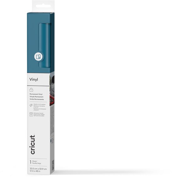 Boîte bleue de vinyle permanent Cricut, avec informations sur le produit.