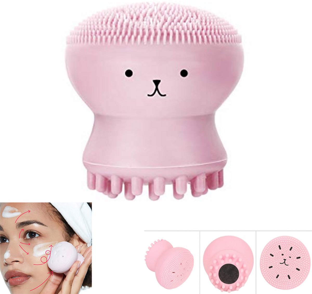 Octopus gezichtsreinigingsborstel - Octopus gezichtsmassager - Roze - Masserende reinigingsborstel - Dubbelzijdige siliconen Octopus gezichtsreinigingsborstel - Reinigingsborstel - Draagbare kwallen siliconenborstel - Zachte exfoliatie - Reinigt mee-