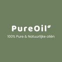 Groene achtergrond met het PureOil logo en de tekst '100% Pure & Natuurlijke oliën'.