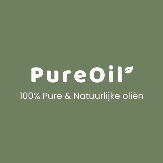 Groene achtergrond met het PureOil logo en de tekst '100% Pure & Natuurlijke oliën'.
