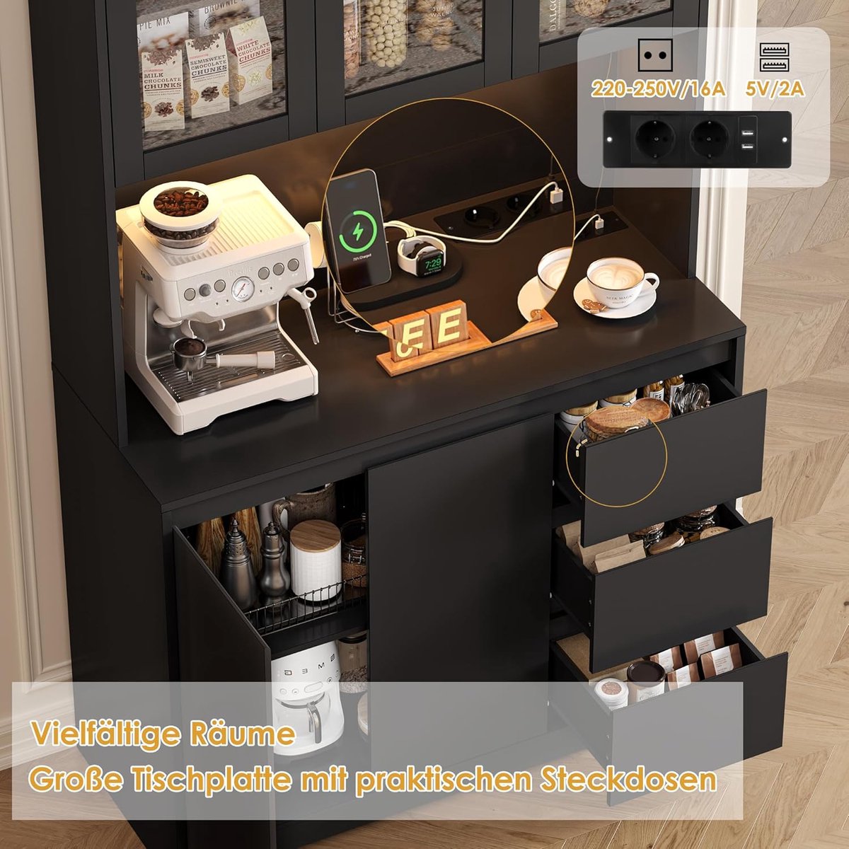 Keukenkast LED Dressoir – Buffetkast - Zwart - Altameubel – Buffetkast Werkblad, 3 - Medahomestore