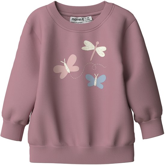 Sweatshirt rose pâle avec imprimé papillons et libellules. Col rond côtelé.