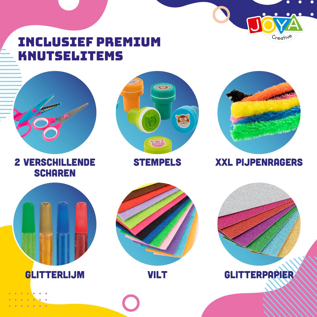 Knutseldoos XXL - 1500+ Knutselitems - Knutselpakket voor Kinderen - Inclusief Inspiratieboekje, Glitter, Vilt, Pijpenragers, Foam, Stempels & Veilig Scharen - Creatieve Knutselkoffer 3+ Jaar - Joya Creative — afbeelding 12