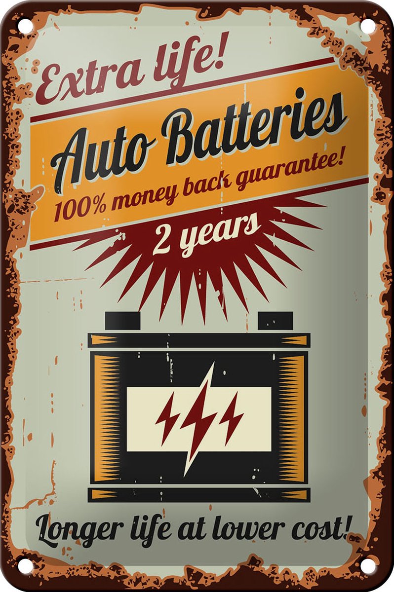 Blechschild Retro 12x18cm Auto Batteries extra life