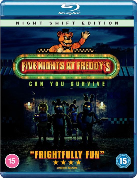 Blu-ray hoes voor Five Nights at Freddy's: Night Shift Edition met Freddy Fazbear boven vier animatronics, met de tekst 'CAN YOU SURVIVE'. Leeftijdsindicatie 15.