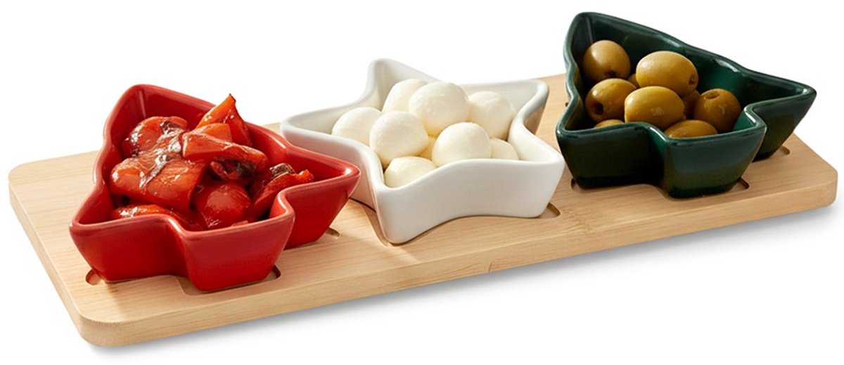 Snackkommen Porselein op Dienblad 4 delig - Snackkom - Dipschalen - Set - Kleine Komen voor Dipsauzen en Snacks