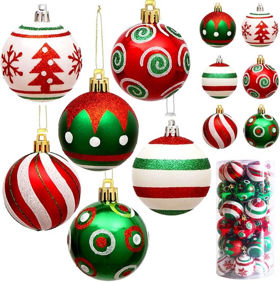 Set van 30 stuks rode, groene en witte kerstballen met verschillende patronen zoals strepen, sneeuwvlokken en bomen. Ook een cilinder met ballen.