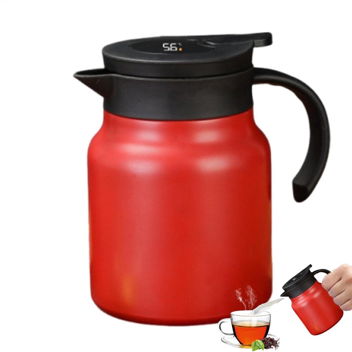 Premium Rvs Theepot - Theepot Gietijzer - Dubbelwandige Vacuümisolatie Voor 6-Uurs Warmtebehoud En Brede Opening - 1 L - Thuis Of Kantoor Met Rood