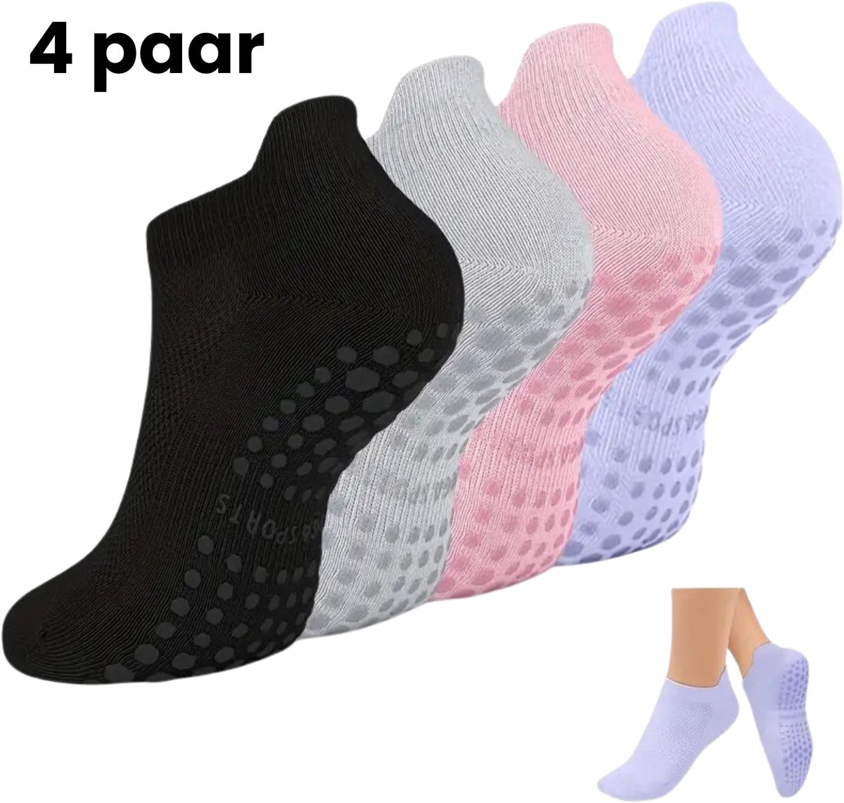 Anti-Slip Yoga & Pilates Sokken Dames - Set van 4 Paar - Roze, Paars, Grijs en Zwart - Yogasokken met Gripzool - Ademend & Comfortabel - Perfecte Grip bij Yoga, Pilates, Ballet, Barre & Dans - Antislip Sportsokken voor Dames