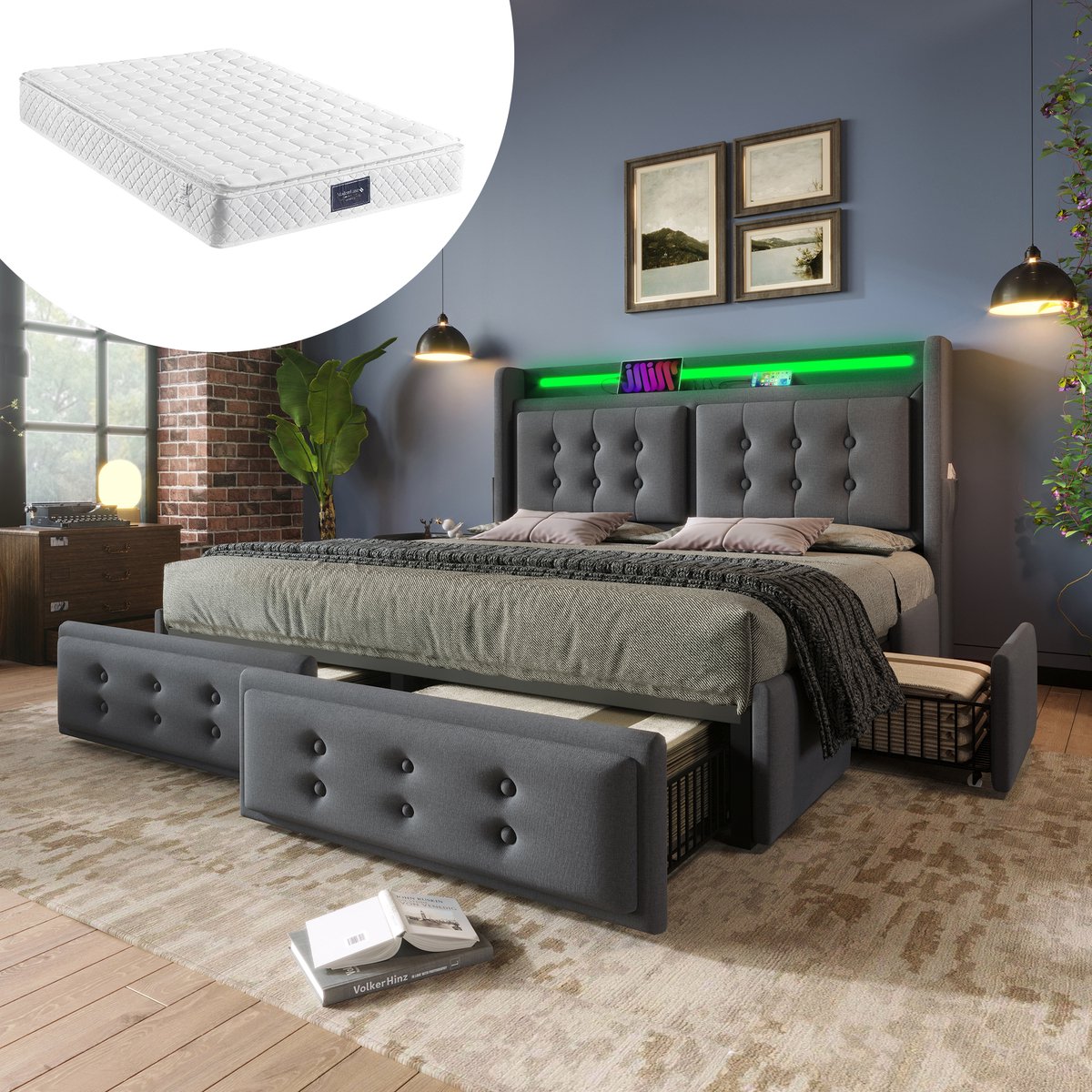 OKWISH Gestoffeerd Bed Tweepersoonsbedden 140x200 cm - Opbergbed 4 Schubladen Inclusief Matras - LED Tweepersoonsbed Met USB C Oplaadfunctie - Katoen - Grijs