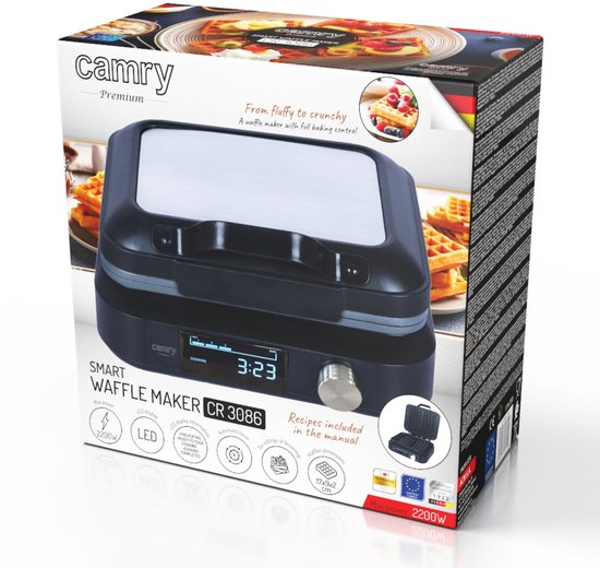 Verpakking van een Camry Smart Waffle Maker CR 3086 met afbeeldingen van wafels en fruit.
