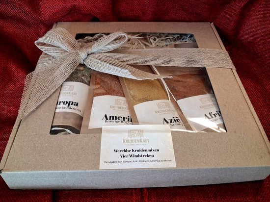 NOUVEAU ! | Coffret cadeau de Luxe Spice Cabinet – Saveurs du monde | 4 x 50 g de mélanges d'herbes de Premium | Cadeau Handgemaakt