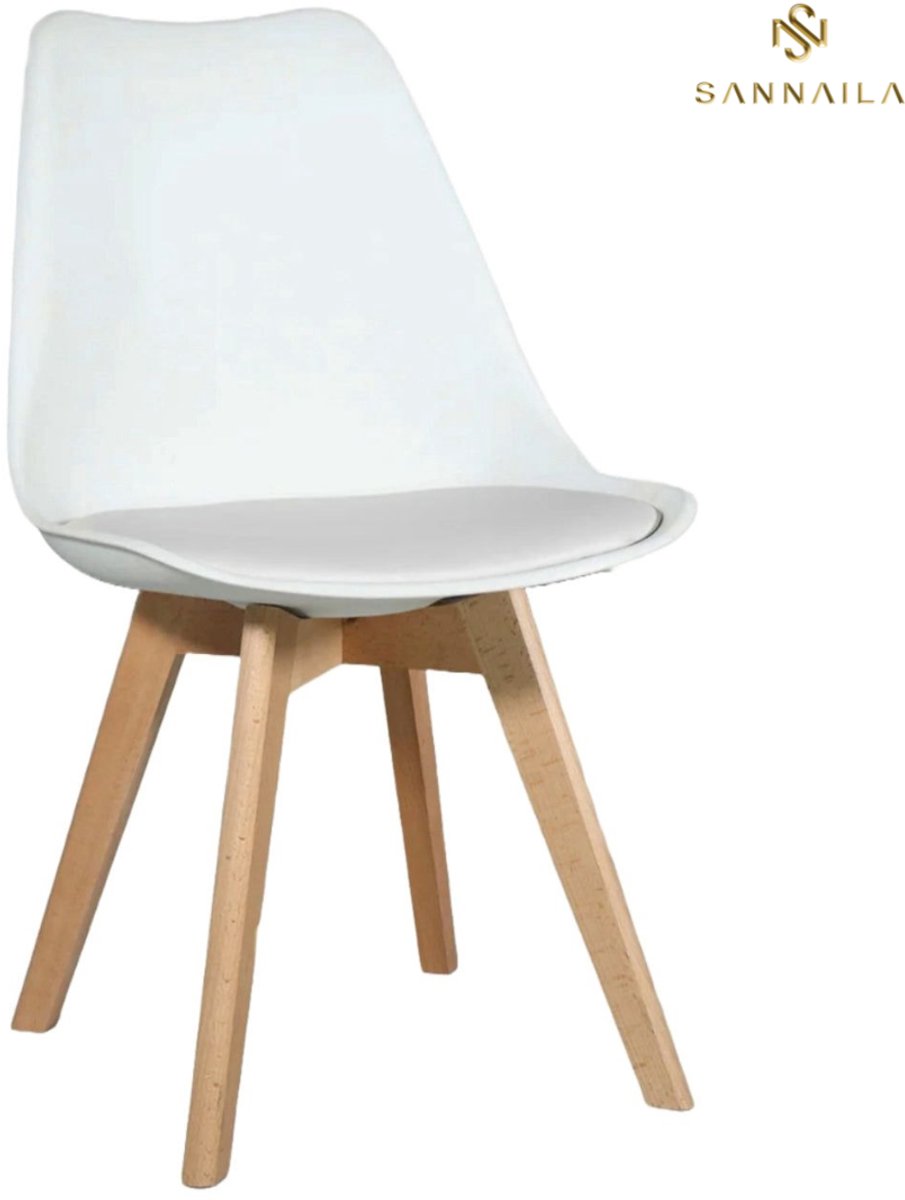 Sannaila - Set van 4 Eetkamerstoelen - Wit - Kuipstoel met Houten Poten – Scandinavisch Design - Comfortabel en Stevig