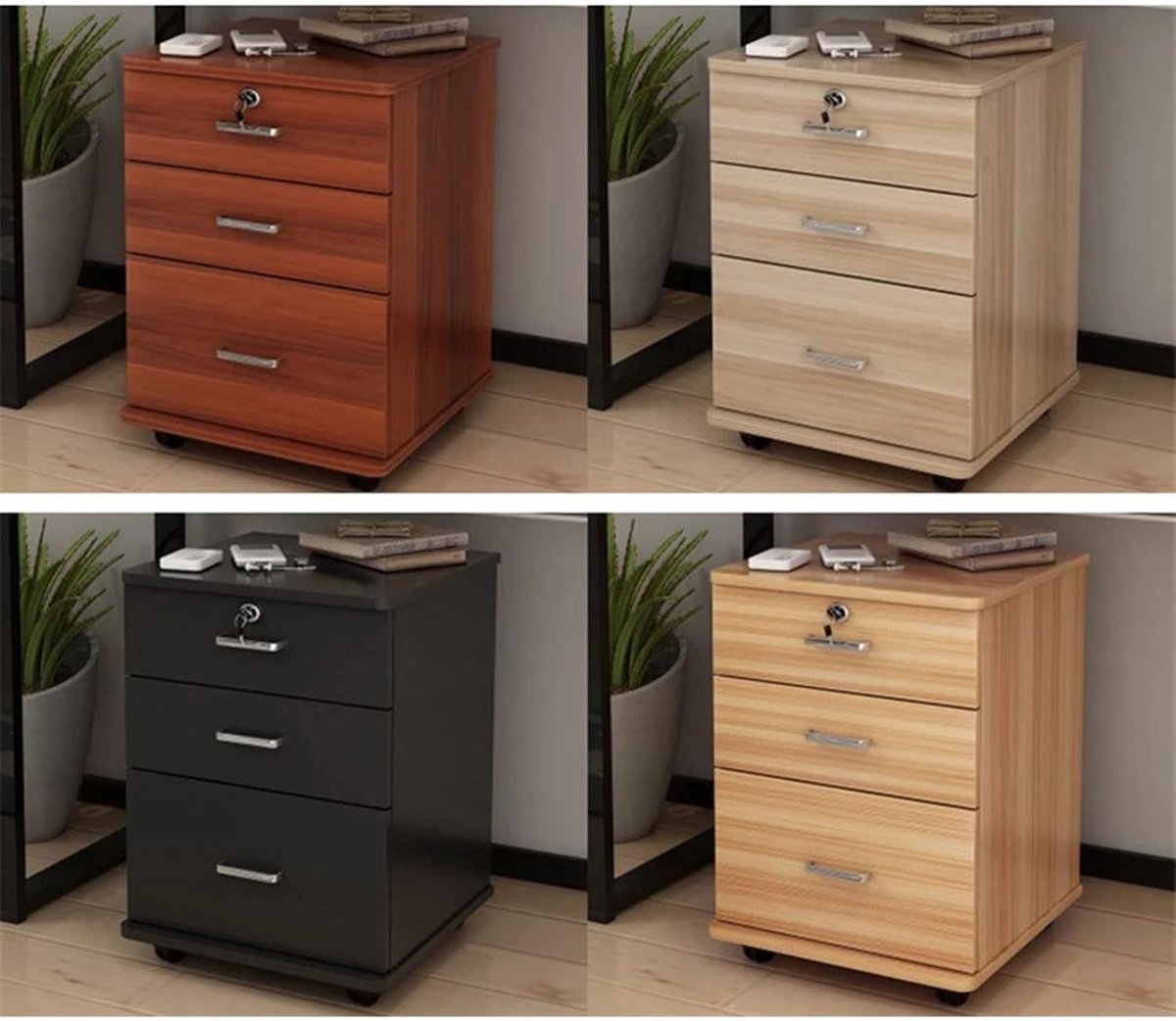 Stijlvolle Houten Archiefkast met 3 Laden en Slot – Mobiele Bureau Documentenkast op Wielen met Vloersteun voor A4, F4 & Letter Papier – Multifunctionele Opbergoplossing voor Thuiskantoor en Kantoor –