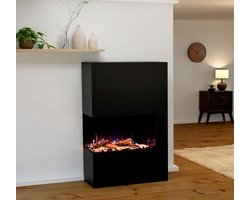 GLOW FIRE Haard PORTIA links open met realistische 3D E-Motion LED-vuur - Staande elektrische haard met verwarming, haardvuur, knisperend effect, timer, max. 1500 W, 140x90x45, Zwart