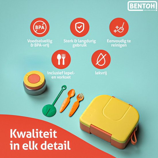 BentOH! Boîte à bento Enfants et Adultes - Jaune - Boîte à lunch étanche avec compartiments - Compatible micro-ondes et lave-vaisselle - Comprend un ensemble de cuillères gratuit