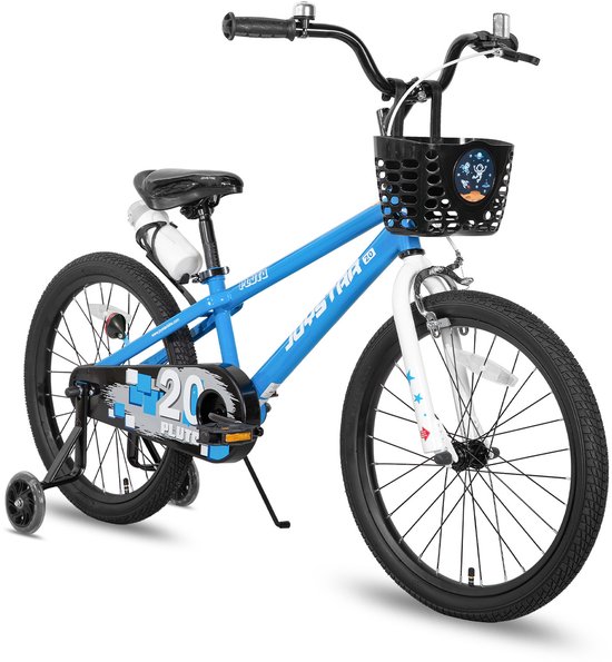 Blauwe kinderfiets met 20 inch wielen, mandje voorop, bidonhouder, zijwieltjes en handremmen.