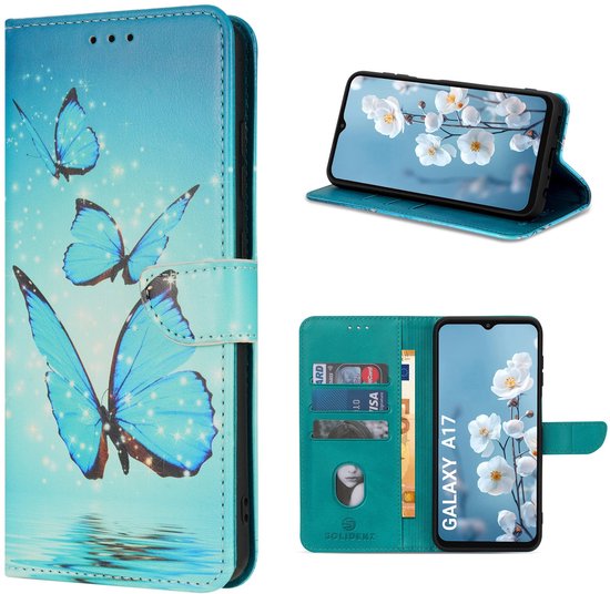 Turquoise telefoonhoesje met vlinders, sterren, reflecties, kaarthouders en een telefoon met bloemenachtergrond.