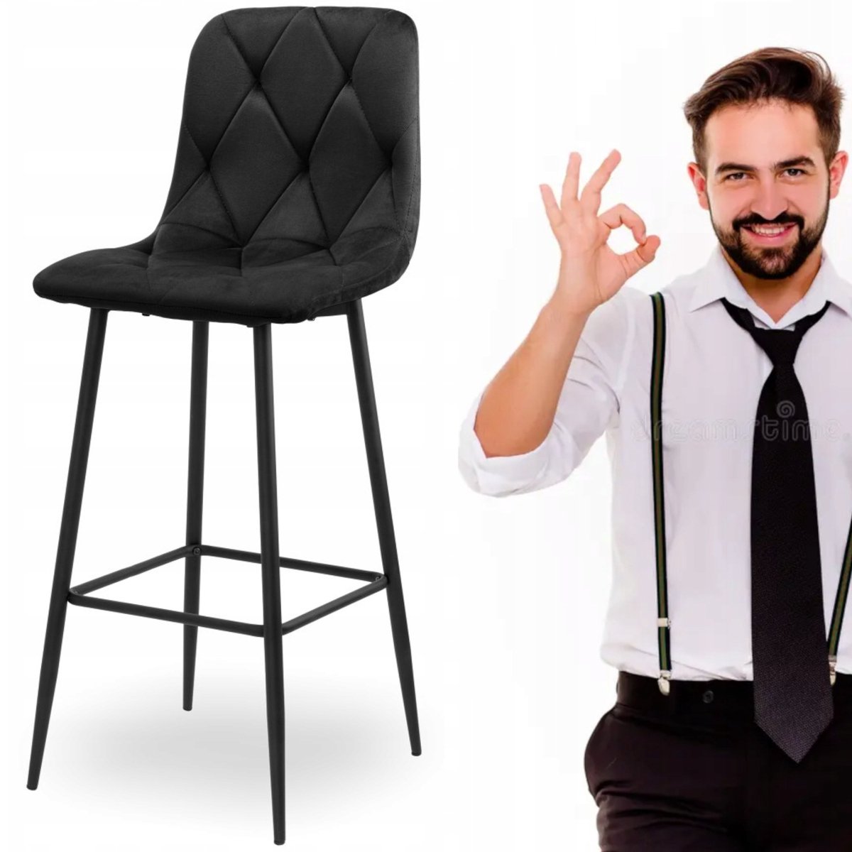 Merkloze fluwelen barkruk, gestoffeerd, zwart, voor keuken en bar