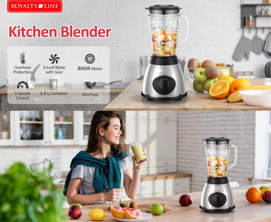 Royalty Line® SME600 Blender - Blender Smoothie Met Koffiemolen - 800W - 1.5 Liter - 3 Snelheden - Smoothie Maker Met Glazen Kan - Blender To Go - RVS van Royalty Line — afbeelding 4