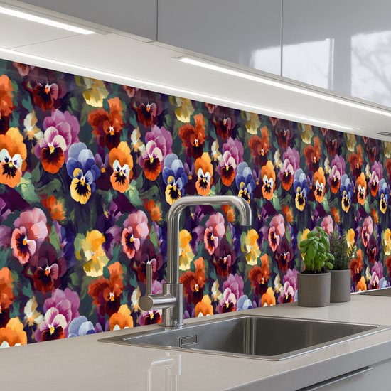 Keuken achterwand 350x60 cm - Spatscherm zelfklevend Viooltjes - Kleuren - Bloemblaadjes - Muurbeschermer - Spatwand fornuis