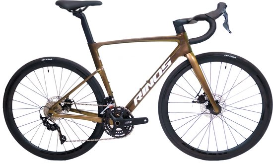 Rinos Odin3 Carbon Road - RaceFiets - met SHIMANO 105 ST-R7000 - 22 versnellingen en schijfremmen - lichte fiets voor dames en heren - 700 x 40C - Kameleon Goud - Groent XS-50