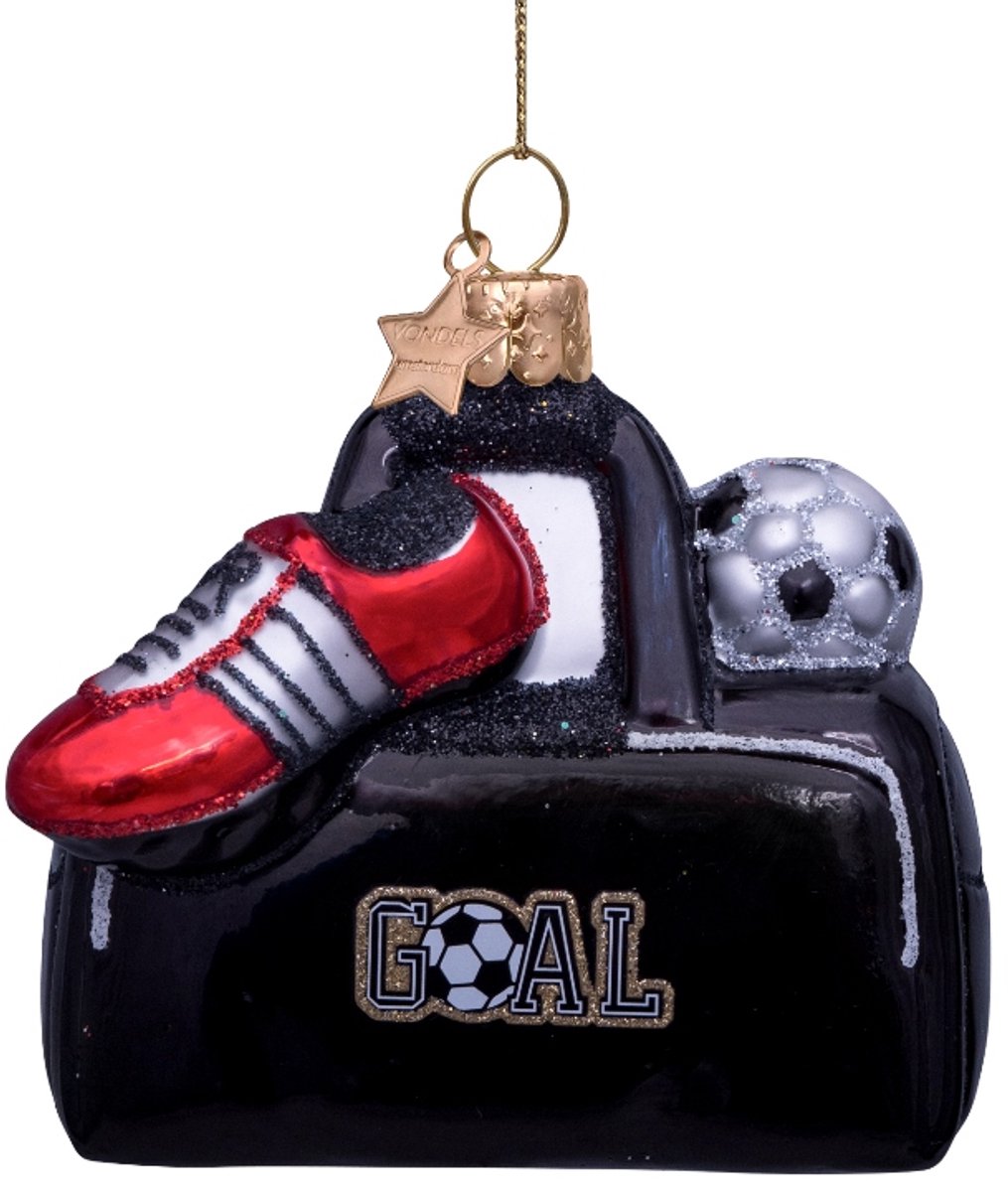 Glazen kerstbal met sporttas design in zwart, 6cm groot, van Vondels.