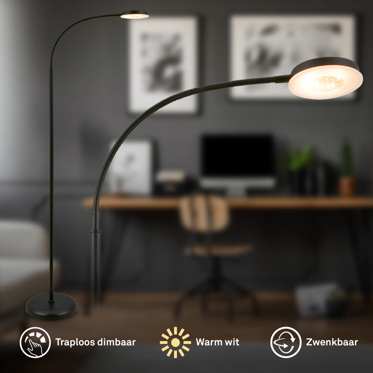 BRILONER Megg - LED Vloerlamp – dimbaar & zwenkbaar – 125.5 cm hoog – warm wit licht – moderne staande lamp – leeslamp voor woonkamer – zwart thumbnail 5