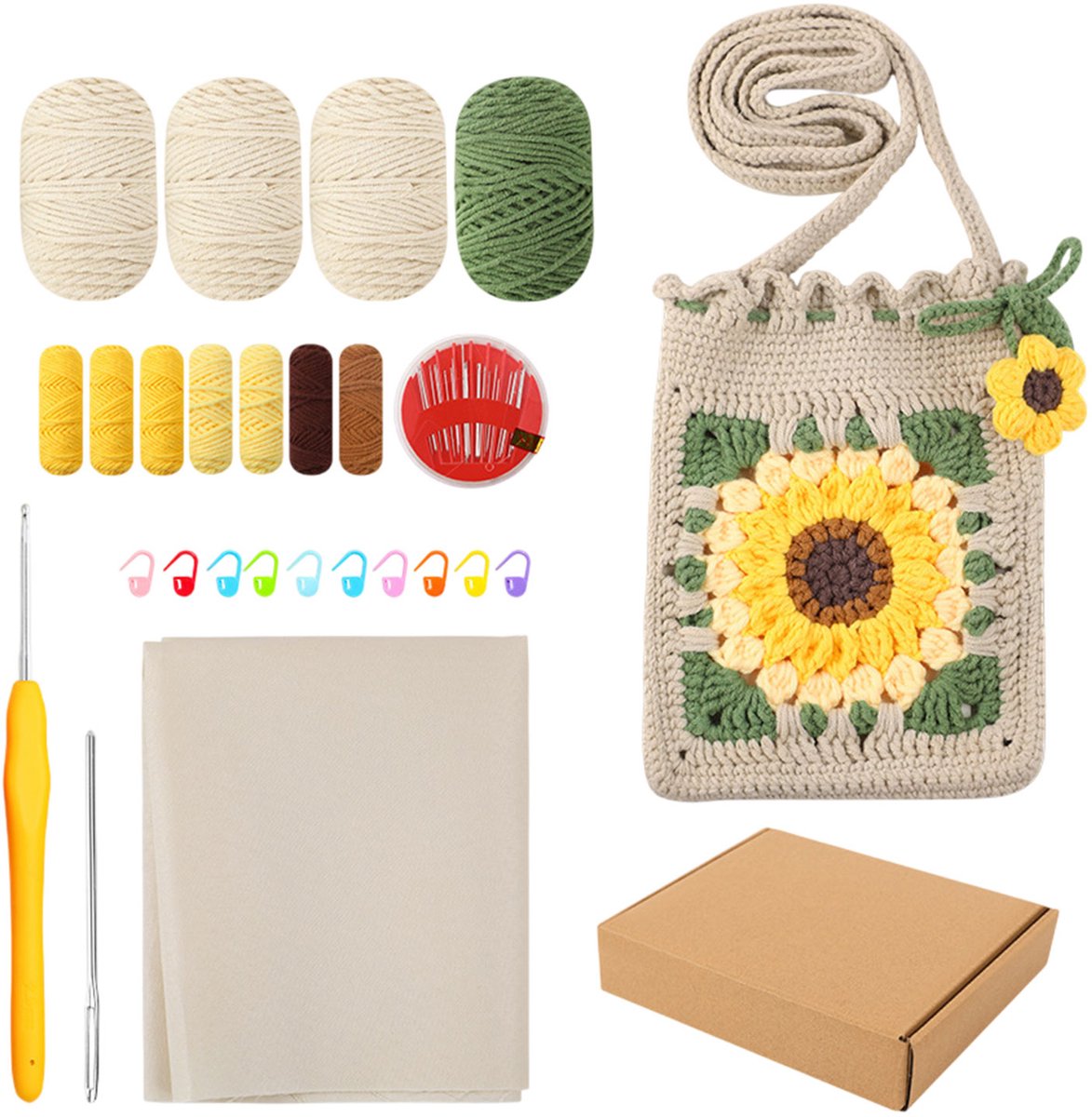 Topmelon Hobbyset Haken Tassen - Zonnebloem tas - Haken Crossbodytassen - Haakpakketten voor Beginners en Volwassenen - Complete Beige