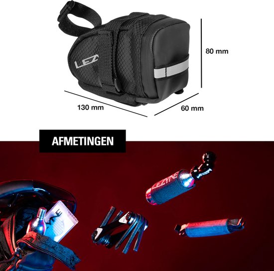 Lezyne M-Caddy CO2 Kit - Praktisch zadeltasje met complete CO2-kit - Twin Speed ​​Drive CO2 inflator, twee 16g CO2-bussen, een RAP 6 multitool en Matrix Levers Bandenlichters - 130x60x80 mm - 0.6 Liter - Nylon - Zwart