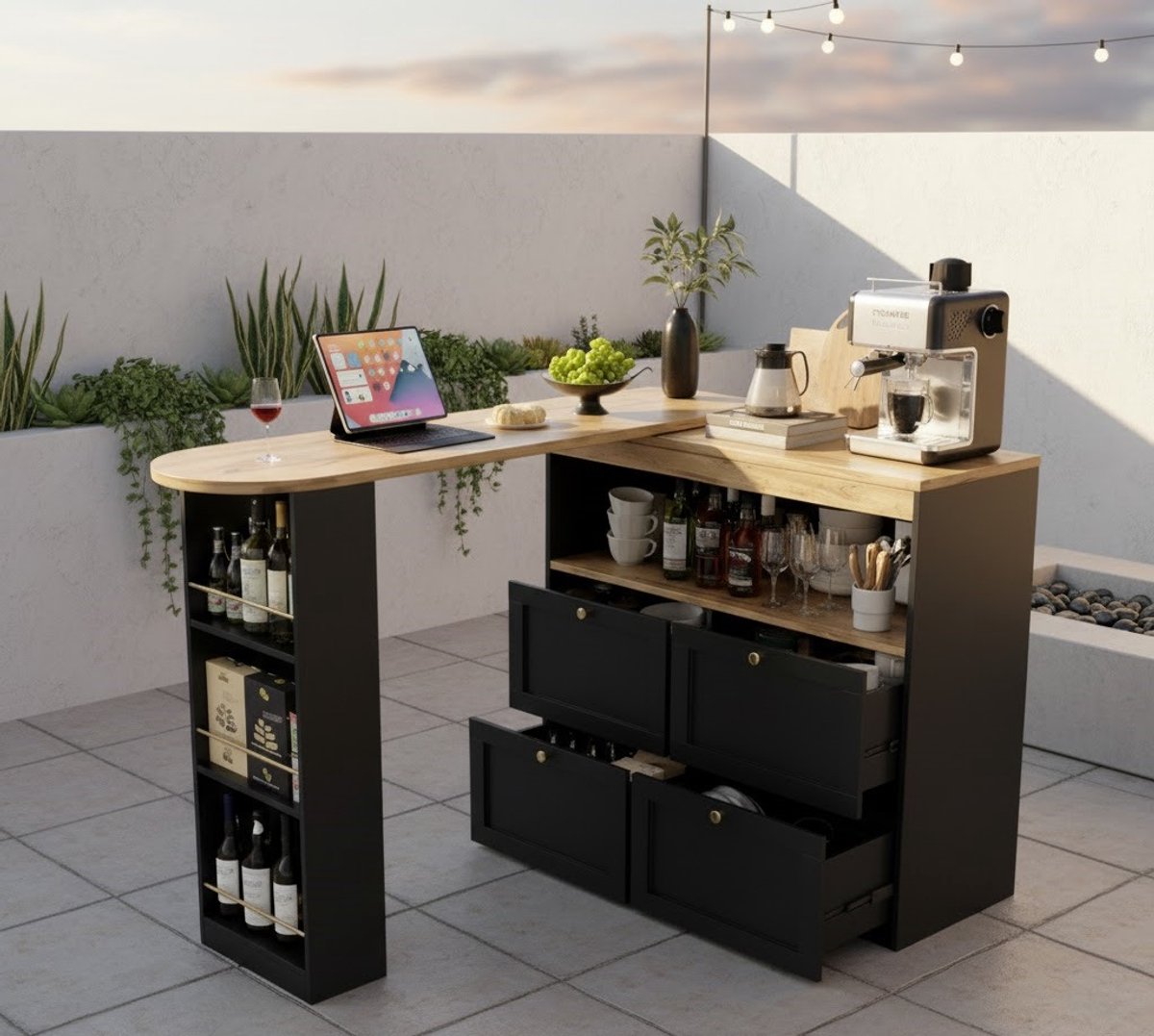 Modulaire Draaibare Bartafel en Opbergkast met 4 Laden & Open Planken – 105x39x102 cm – Stijlvolle Teakhout/Zwart Design | Medahomestore