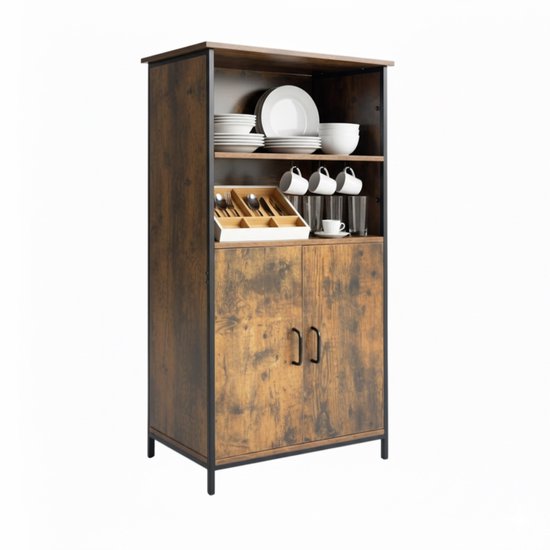 Buffetkast met servies, 124,5 x 60 x 30 cm, walnoothout-look met zwart metaal.