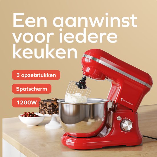 KitchenBrothers Keukenmachine - Keukenrobot - 5L - Keukenmixer - 1200W - Rood van KitchenBrothers — afbeelding 3