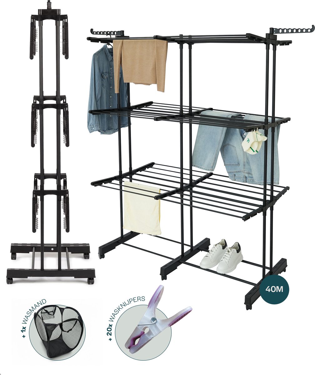 BAUER & MEYER® - Droogrek XL - Wasrek inklapbaar - Incl. 20 wasknijpers + 1x wasmand - 40 Meter drooglengte - Droogtoren Wastoren - 170 x 134 x 65 cm - Zwart