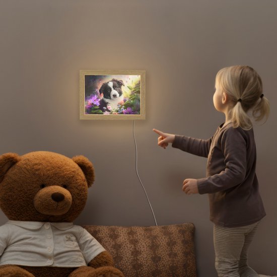 Nachtlampje 20x15 cm - Kinder lamp - Puppy - Zon - Bloemen - Natuur - Bordercollie - Hond - Tafellamp kinderkamer - Slaapkamer lamp - Bedlamp kinderen - Kinderlampje stopcontact - Wandlamp babykamer - Nachtlampjes van Smartprints — afbeelding 5