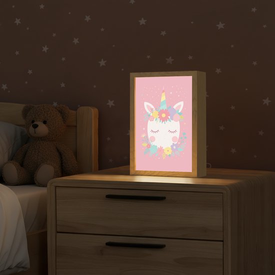 Nachtlampje 20x30 cm - Kinder lamp - Eenhoorn - Bloemen - Roze - Tafellamp kinderkamer - Slaapkamer lamp - Bedlamp kinderen - Kinderlampje stopcontact - Wandlamp babykamer - Nachtlampjes van Merkloos — afbeelding 2