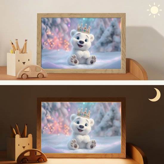 Nachtlampje 30x20 cm - Kinder lampje - Ijsbeerwelp - Sneeuw - Lichtjes - Kroon - Tafellamp kinderkamer - Slaapkamer lamp - Bedlamp kinderen - Kinderlampje stopcontact - Wandlamp babykamer - Nachtlampjes van OnlyWow — afbeelding 4