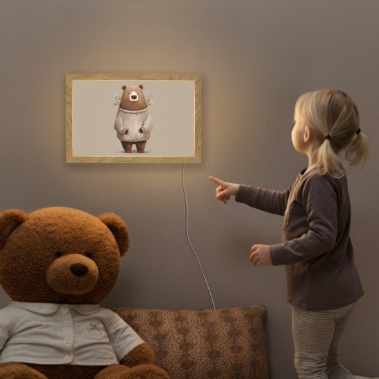 Nachtlampje 30x20 cm - Kinder lamp - Beer - Witte bloemen - Knus - Tafellamp kinderkamer - Slaapkamer lamp - Bedlamp kinderen - Kinderlampje stopcontact - Wandlamp babykamer - Nachtlampjes van Smart Planet — afbeelding 5