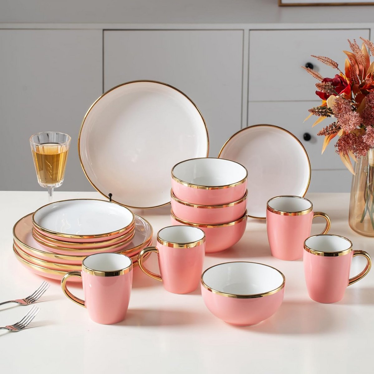 Servies Set 16-Delig voor 4 Personen - Keramiek met Gouden Rand - Modern Diner Set