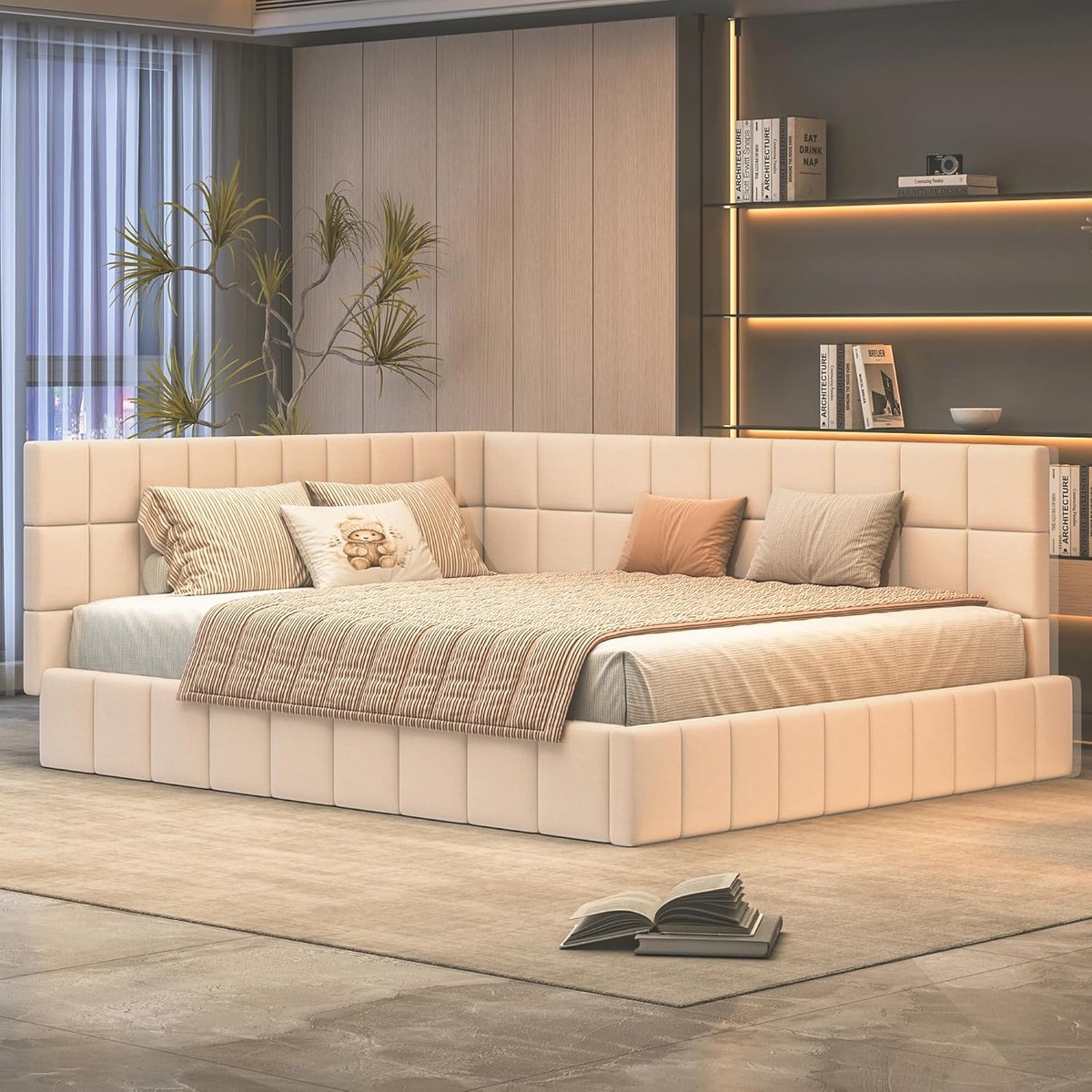 Gestoffeerd Dubbel Bed 160x200 cm met Lattenbodem | Beige Slaapbank Fluweel