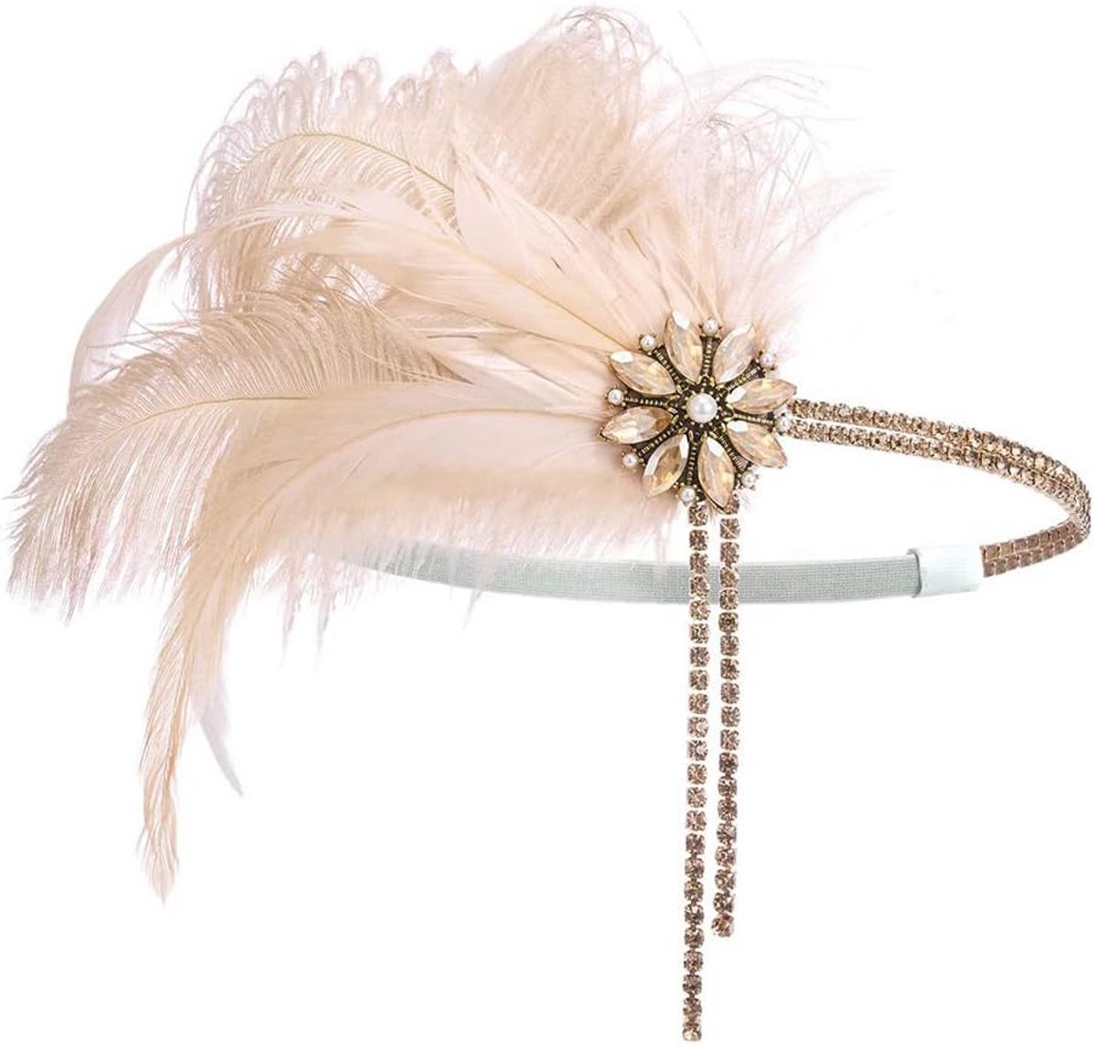 Roze Flapper Hoofdband Jaren 20 Stijl met Kristallen en Veren voor Feest en Bruiloft