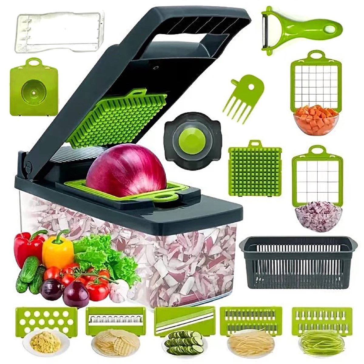 1 stuk - multifunctionele groentesnijder voor in de keuken - rasp - inclusief meerdere messen - voor raspen, schaven, snijden en hakken - met eigeelscheider en vingerbescherming - grijs