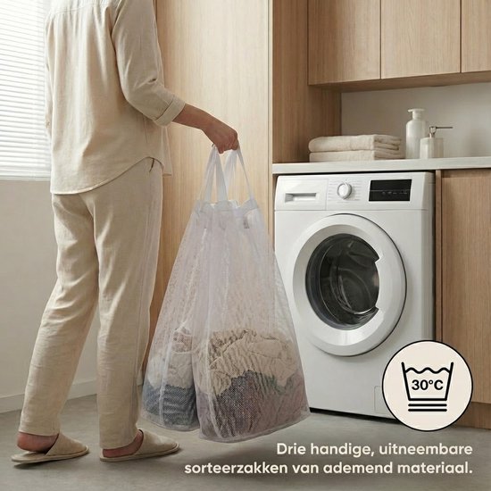Persoon met beige kleding draagt drie witte, gaas waszakken gevuld met wasgoed naar een wasmachine.