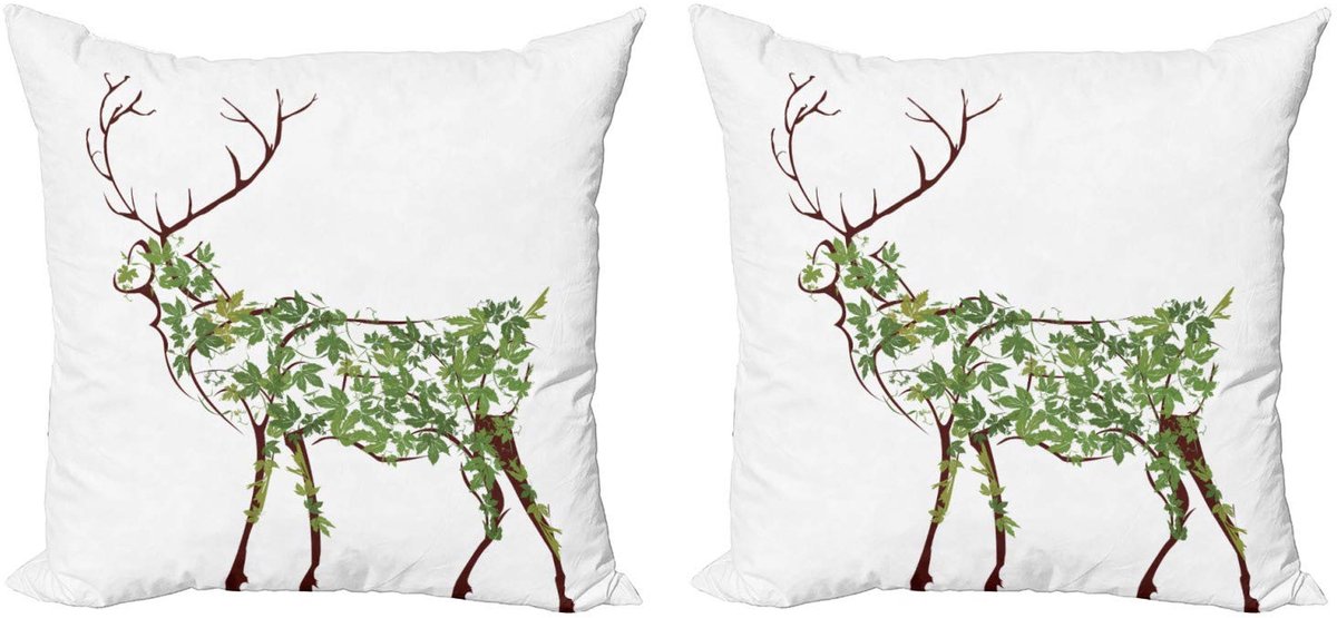ABAKUHAUS Gewei Kussenhoes Set – 2x 45x45 cm – Dubbelzijdig digitaal druk – Rits – Groen Bruin Wit