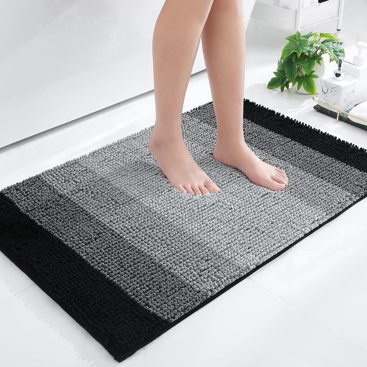 Stunq® Chenille Badkamertapijt, antislip, hoogpolig, wasbaar, zacht, absorberend, voor badkamer, 60 x 90 cm, zwart