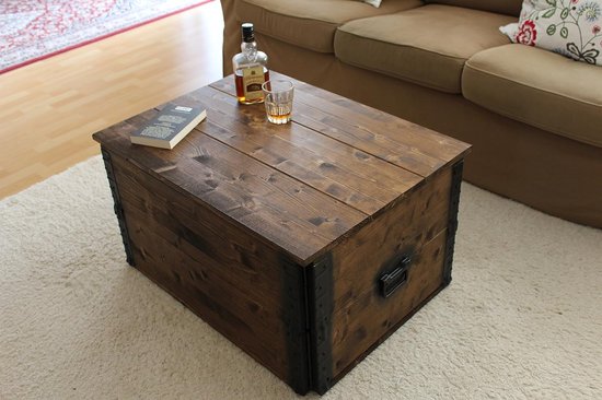 weeco Wooden box Greek design with wheels. Wooden box 80x47x45cm coffee table, treasure chest side table folding lid and storage space, wooden furniture box, toy box, handicraft