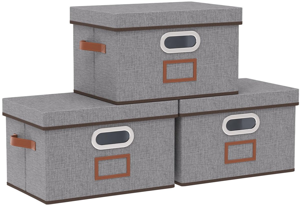 Unyqoos® Set van drie grijze opvouwbare opbergmanden met deksel en handgrepen