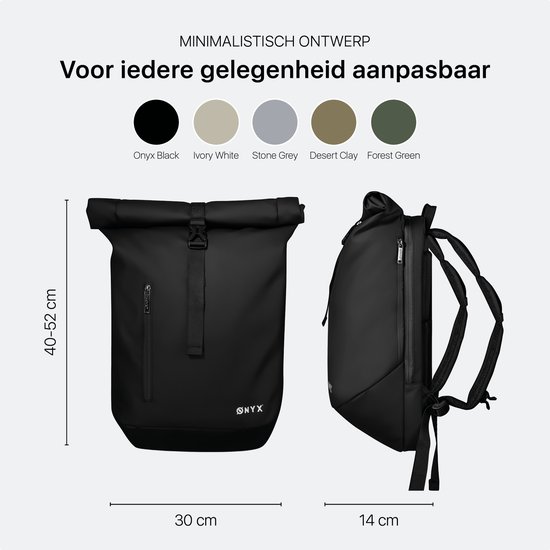 ONYX Sac à Dos Rolltop 25 à 40 L - Avec Compartiment pour Ordinateur Portable - Sac à Dos Réglable - Sac de Voyage - Résistant à l'Eau et Durable - Noir