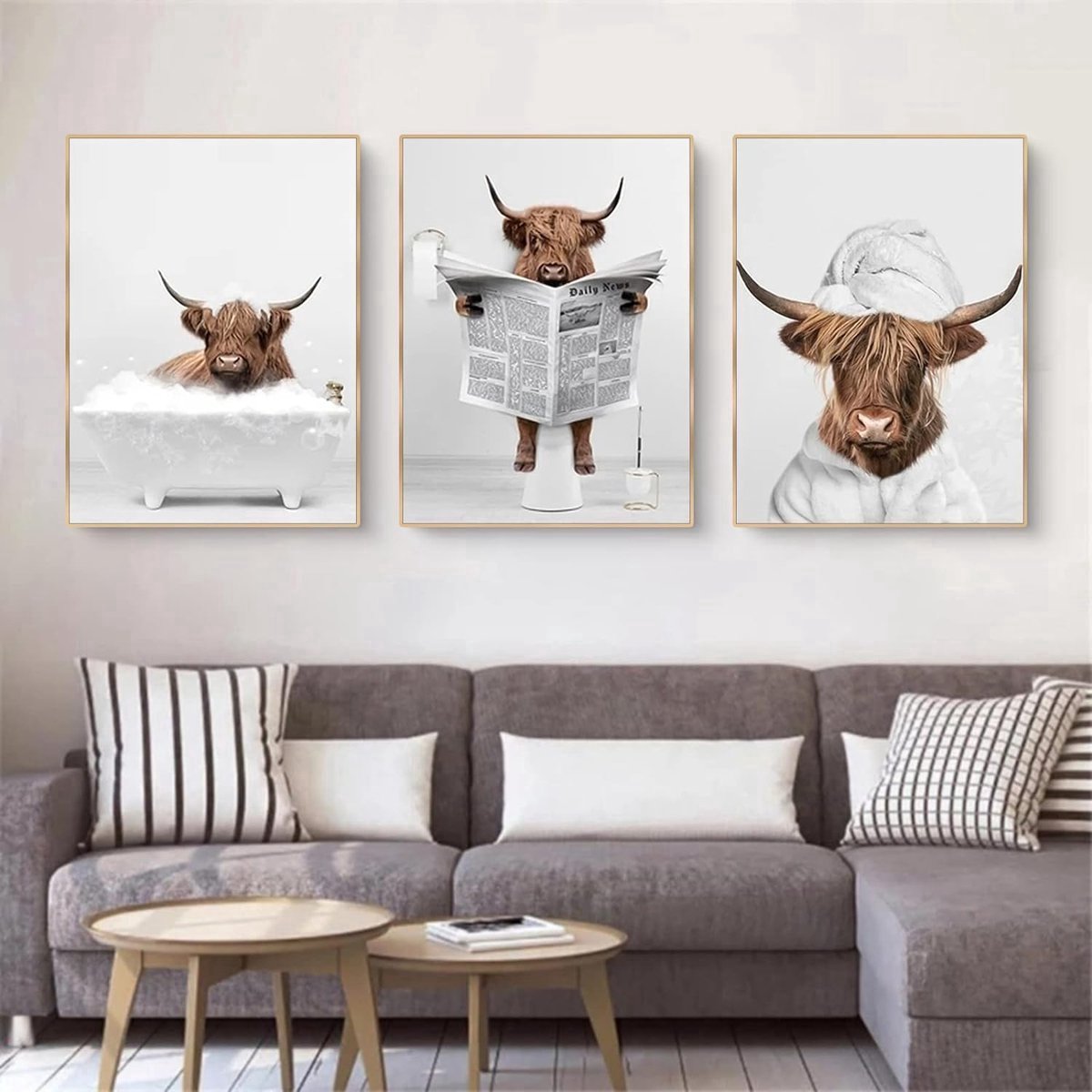 Stunq® 3-delige premium posterset, grappige hooglandse koe muurkunst in badkuip, dierenmuurkunst, prints, hoogland, koe badkuip, canvas, schilderijposter, Scandinavische badkamer, wooncultuur (21 x
